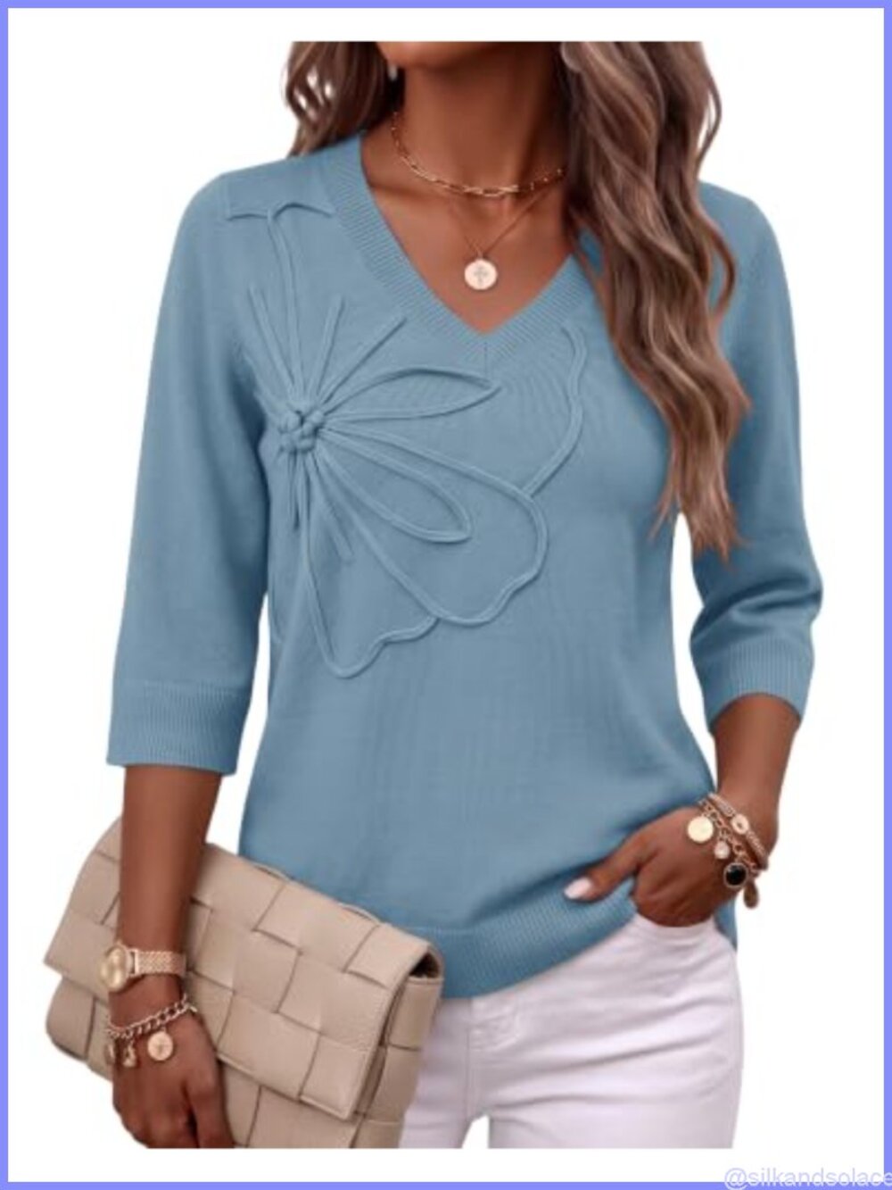 Womens V Neck Sweater 3/4 Sleeve 3D Floral Knit Pullover Top